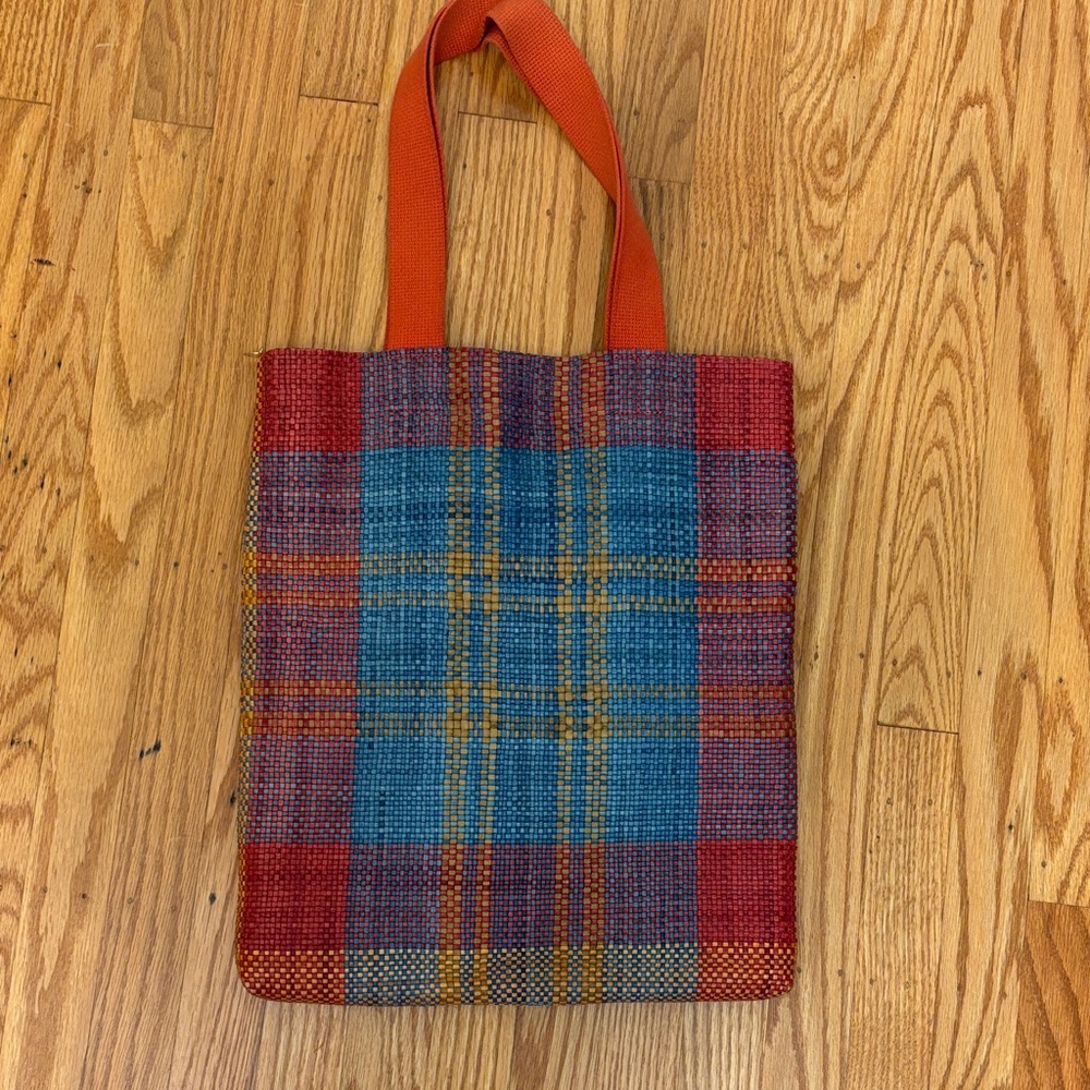 Colorful Plaid Tote with Orange Handles